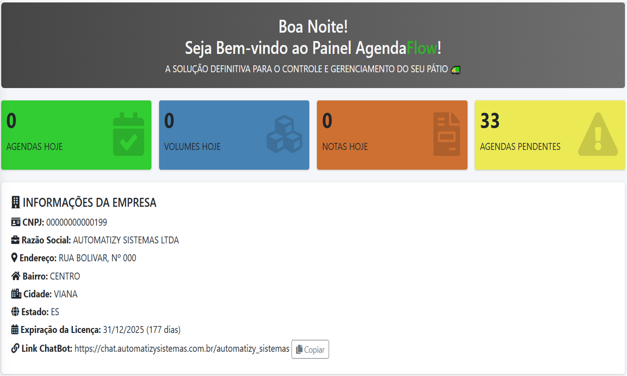 Painel inicial do AgendaFlow mostrando visão geral dos agendamentos